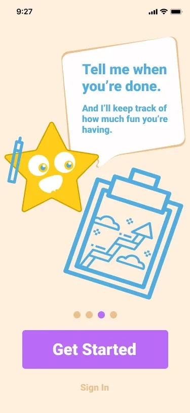 The third welcome screen: the star holds a pencil beside a big blue clipboard with a rising arrow, under Tell me when you’re done. And I’ll keep track of how much fun you’re having.