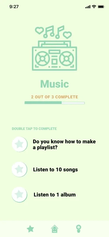 The Music page in mint: a boombox with music notes and hearts, 2 out of 3 complete, and three steps to double-tap: Do you know how to make a playlist?, Listen to 10 songs and Listen to 1 album