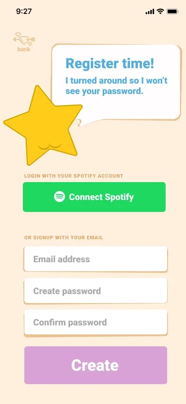 Signing up: Register time! The star is turned around so it won’t peek, above a green Connect Spotify button, fields to sign up with an email address instead, and a lilac Create button