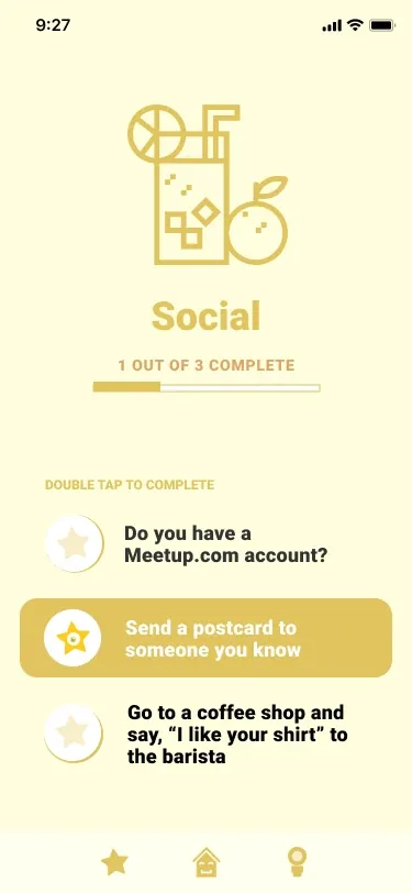 The Social page in mustard: a tall drink and an orange, 1 out of 3 complete, and Do you have a Meetup.com account?, Send a postcard to someone you know (highlighted) and Go to a coffee shop and say “I like your shirt” to the barista
