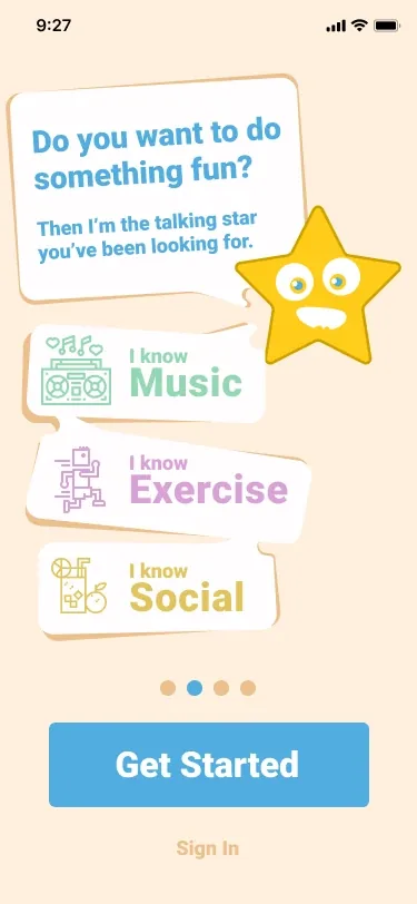 The second welcome screen: Do you want to do something fun? Then I’m the talking star you’ve been looking for. Three cards with line drawings: I know Music, with a boombox; I know Exercise, with a runner; I know Social, with a tall drink and an orange