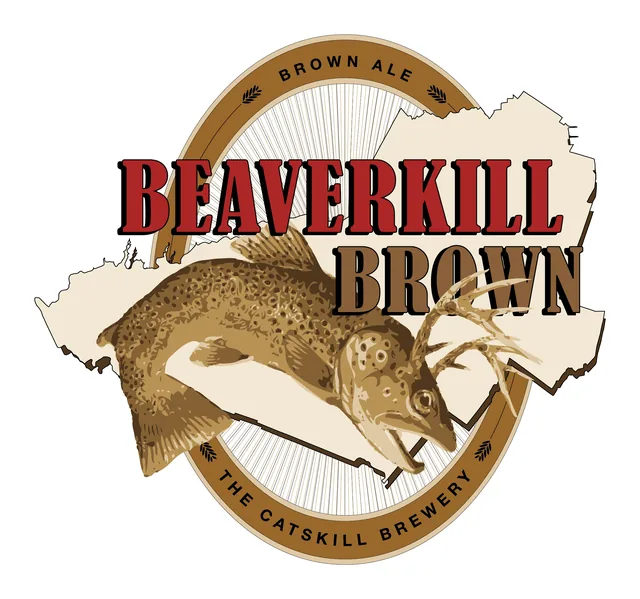 The Beaverkill Brown label: a brown trout with a deer’s antlers leaping over a pale outline of the Catskills, under BEAVERKILL BROWN in red and brown slab-serif capitals, inside an oval band reading Brown Ale and The Catskill Brewery