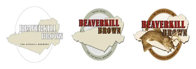 Three stages of the label, left to right: the name in outline letters over the map inside a thin oval; the name in red and brown on a gray-green band reading Good Beer and The Catskill Brewery; and the finished label with the antlered trout