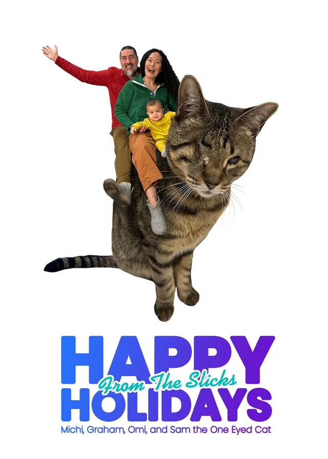 Graham, his wife and their baby fly on the back of a giant cat, above Happy Holidays from the Slicks