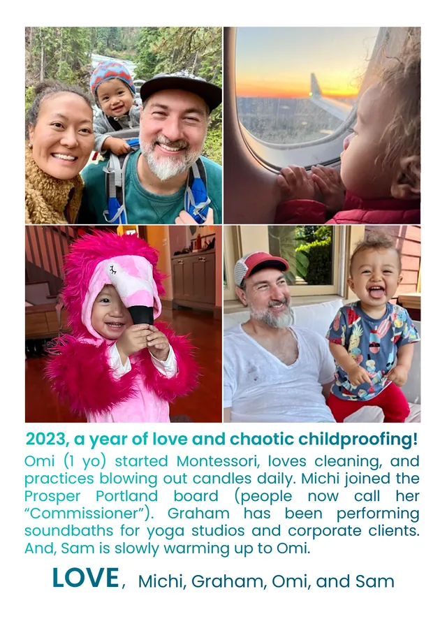 A collage of the year’s photos above a note about 2023, a year of love and chaotic childproofing