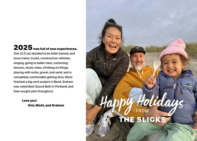 The year’s news beside a photo of the three of them on a winter beach in knit hats, signed Happy Holidays from the Slicks
