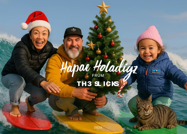 Graham, his wife and their son ride surfboards on a wave beside a Christmas tree, with their cat, under the words Hapae Holadyz from Th3 Sl1cks