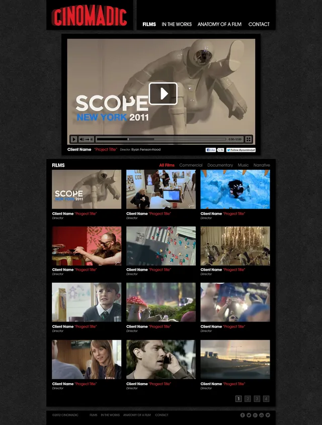 The Films page comp: the logo beside the menu, a large video player open on SCOPE New York 2011, credited to the director Ryan Fenson-Hood, and a grid of twelve films with filters for All Films, Commercial, Documentary, Music and Narrative
