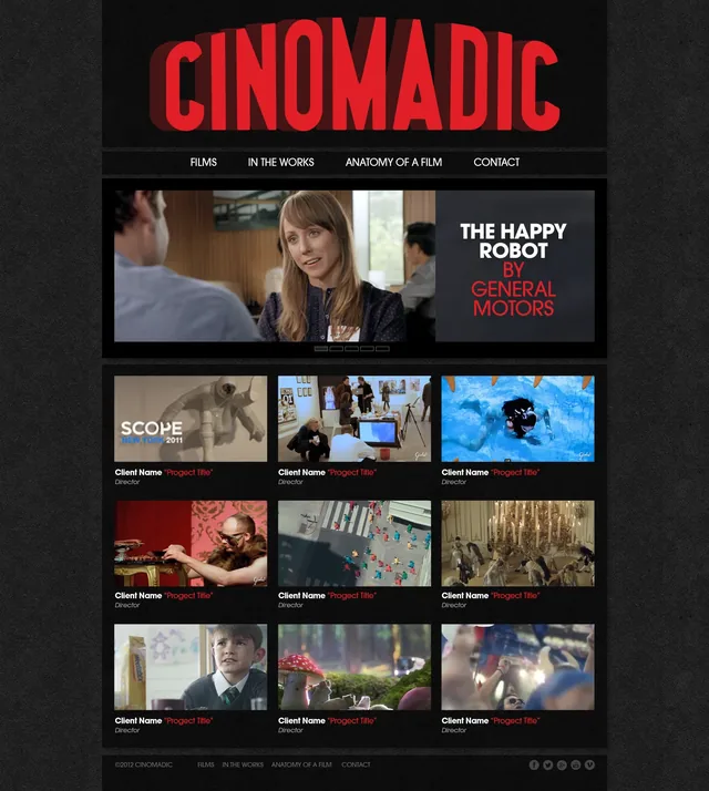 The Cinomadic homepage comp: the red logo across the top over a menu of Films, In the Works, Anatomy of a Film and Contact, a slideshow open on The Happy Robot by General Motors, and a grid of nine film stills with placeholder captions, on a dark textured ground