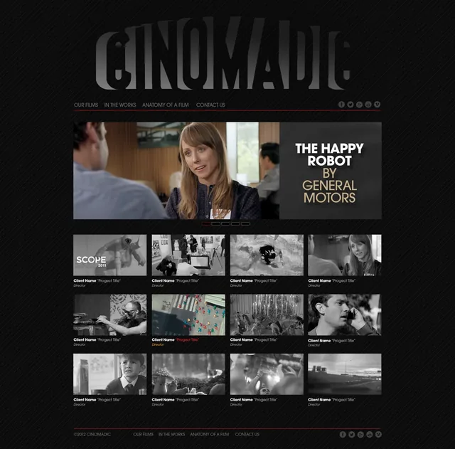 Another homepage comp: the logo in gray over a dark striped ground, a slideshow, and a four-column grid of black-and-white film stills, one in color