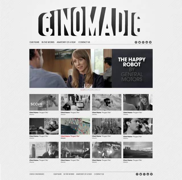 And light: the logo in black over pale gray stripes, the same slideshow, and the grid of black-and-white film stills, one in color