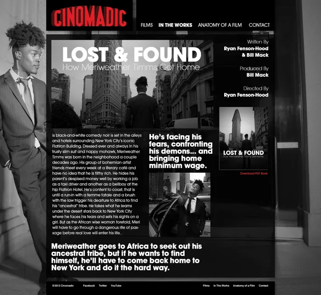 The In the Works page: Lost & Found, How Meriweather Timms Got Home, over a black-and-white photo of a man in a suit facing the Flatiron Building, with its credits, a synopsis, a photo of the lead leaning on a taxi, and the book’s cover with a link to download it
