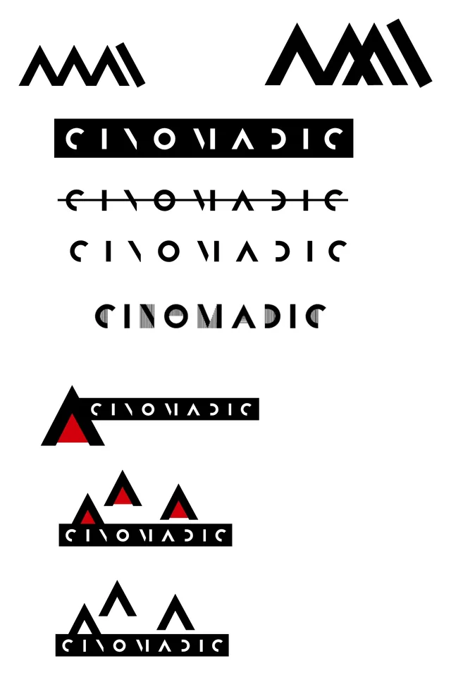 More logo ideas: a mark of sharp black peaks, and CINOMADIC in letters broken into geometric pieces, in a black bar, struck through, and under peaks with red insides