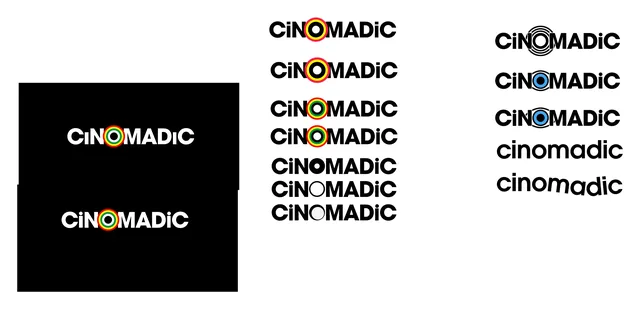 Early logo ideas: CiNOMADiC in black and in white, its O drawn as rings in red, yellow and green, in black, or in blue, and two lowercase versions