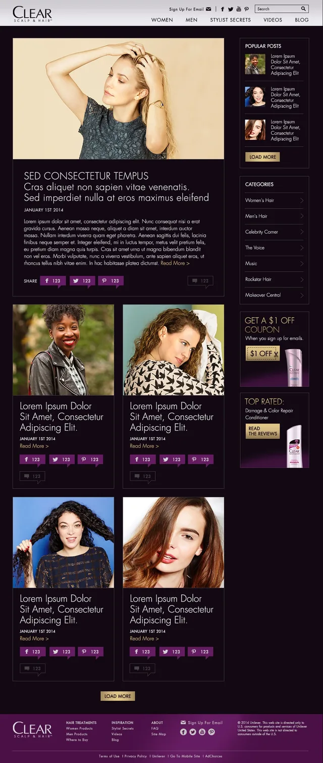 The blog: a featured post with a large photo, a grid of posts with share buttons, and popular posts, categories, a coupon and a top-rated product down the right; the posts are placeholders