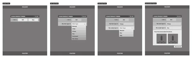 Wireframes of the product finder in four steps: I am a girl or a guy, my hair type is, my scalp type is, and your recommended products