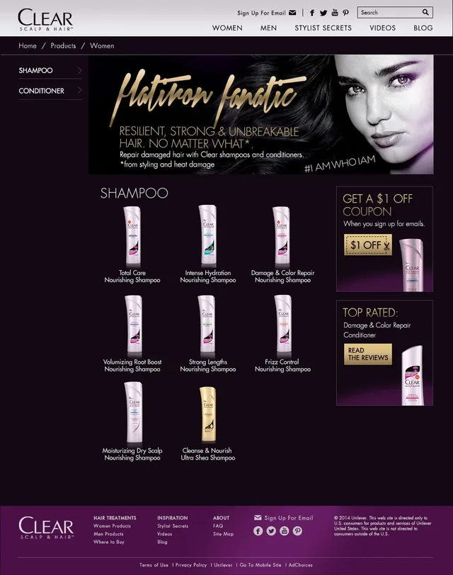 A CLEAR product page on a deep purple ground: Flatiron fanatic in gold script beside Miranda Kerr, Resilient, strong and unbreakable hair, no matter what, over a grid of eight shampoos, a $1 off coupon and a top-rated conditioner
