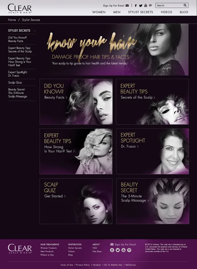 Stylist Secrets: Know your hair in gold script, damage proof hair tips and facts, over six tiles: Did you know?, two expert beauty tips, an expert spotlight, a scalp quiz and a five-minute scalp massage