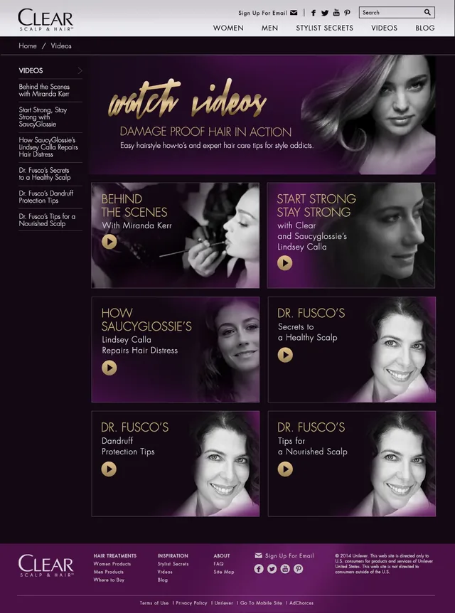 The videos page: Watch videos, damage proof hair in action, with six videos, from Behind the scenes with Miranda Kerr to Dr. Fusco’s tips for a nourished scalp