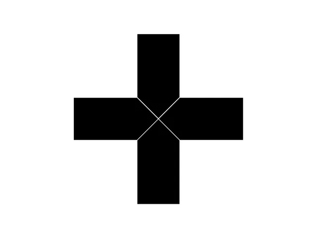 A bold black plus sign made of four arms whose inner ends are cut on the diagonal, so thin white seams cross in an X at its center