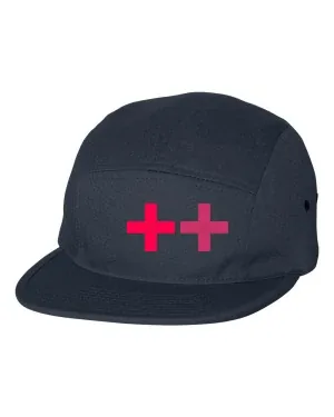 A navy five-panel cap with two plus signs side by side on the front panel, one hot pink and one a deeper rose