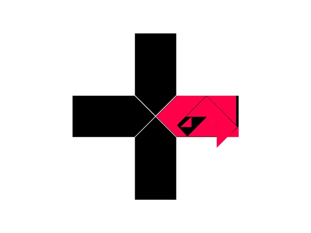 The same plus with its right arm turned hot pink and folding over like a strip of paper, a corner flap turning down past the edge