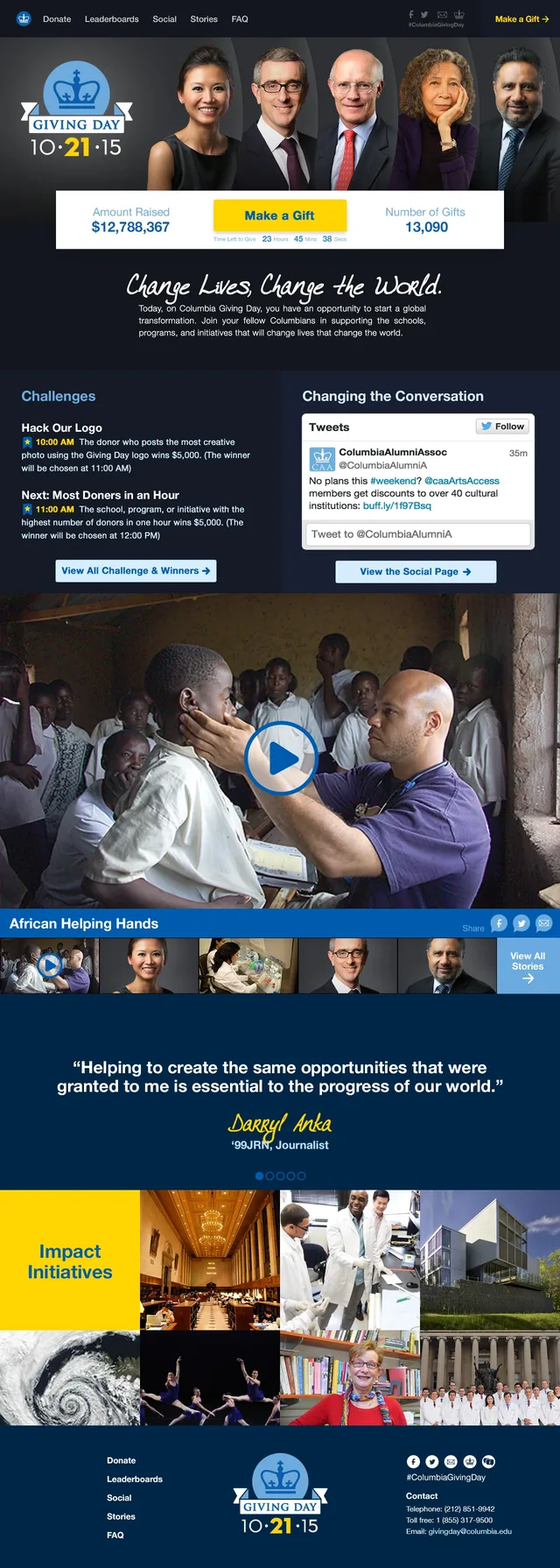 The full Giving Day homepage: the running total, stories, videos and the leaderboard