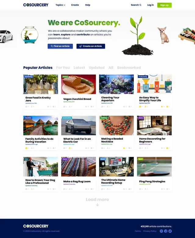 The redesigned CoSourcery homepage: the logo and menu, “We are CoSourcery.” beside a sprout in soil, buttons to find or create an article, and a grid of popular articles on gardening, baking, pets, travel and more, above a navy footer