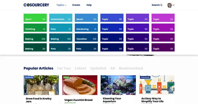 The Topics menu open at the top of the homepage: a grid of color-coded tiles, from green through blue to purple, for topics such as sport, music, pets, gardening and baking, each with its article count