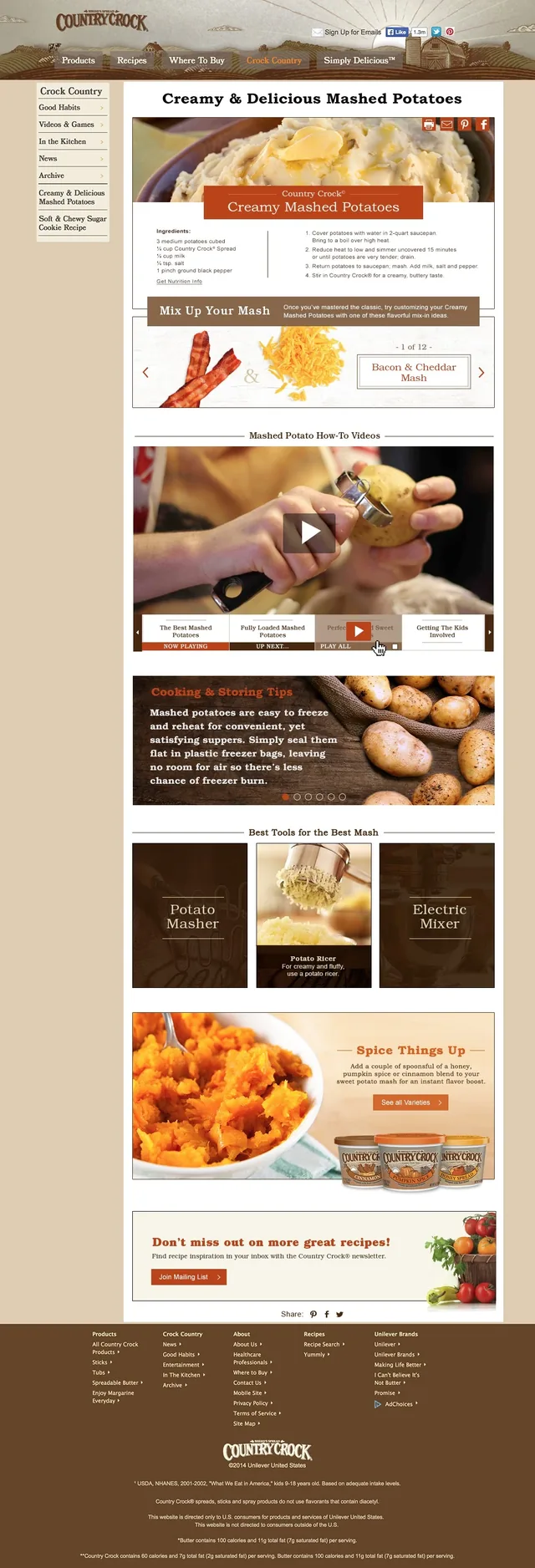 The reworked Creamy & Delicious Mashed Potatoes page: the recipe card, Mix up your mash (bacon and cheddar, one of twelve), how-to videos, cooking and storing tips, the best tools for the best mash, Spice Things Up with flavored spreads, and a newsletter sign-up