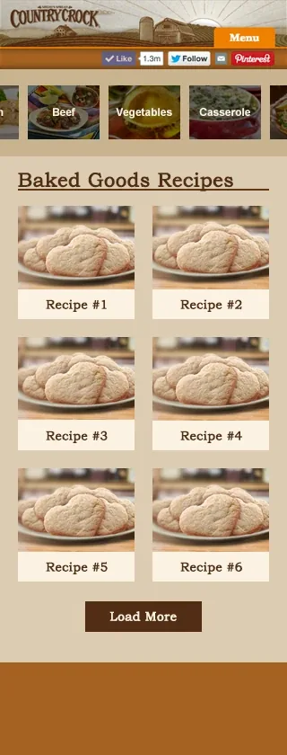 A recipe theme on a phone: Baked Goods Recipes, six recipes in two columns and a Load more button