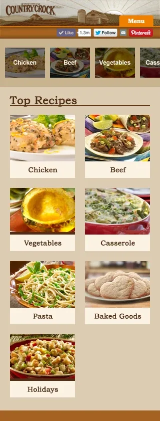Recipe themes on a phone: a scrolling row of categories under the header, then Top Recipes in two columns: chicken, beef, vegetables, casserole, pasta, baked goods and holidays