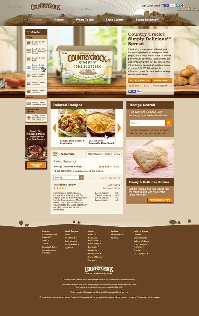The page for Country Crock Simply Delicious Spread: the tub on a kitchen counter beside its description and buttons for nutrition facts and where to buy, with related recipes, recipe search and reviews below