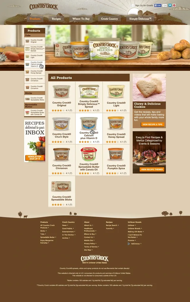 The product landing page: Country Crock’s tubs lined up on a wooden kitchen table under the site’s farmhouse header, a menu of every tub and stick down the left, and a grid of all the products with their ratings