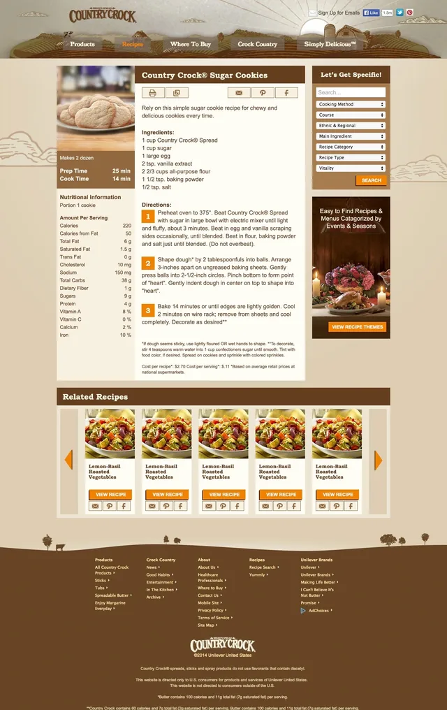A recipe page for Country Crock Sugar Cookies: ingredients, three numbered steps and nutrition information, a search by cooking method and course, and related recipes below