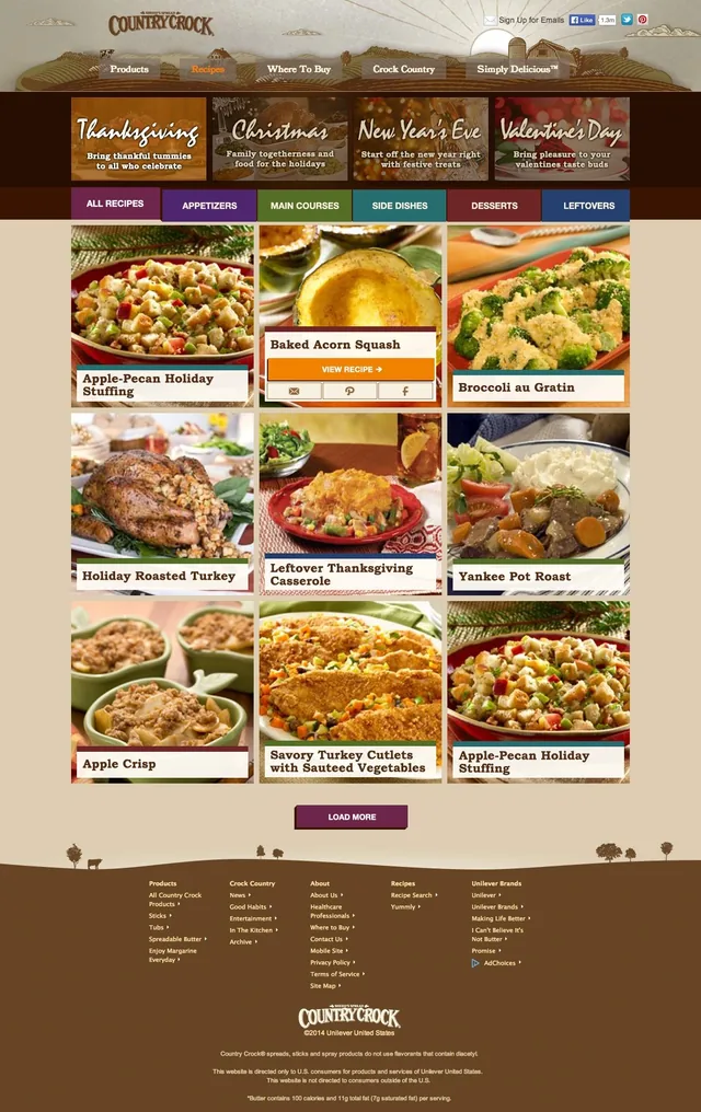 Recipe themes on countrycrock.com: banners for Thanksgiving, Christmas, New Year’s Eve and Valentine’s Day, tabs for appetizers, main courses, side dishes, desserts and leftovers, and a grid of holiday dishes from apple-pecan stuffing to a roast turkey