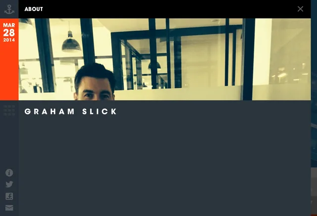 The About panel open over the page: the photo of Graham in the office above his name, GRAHAM SLICK, in spaced white capitals on charcoal