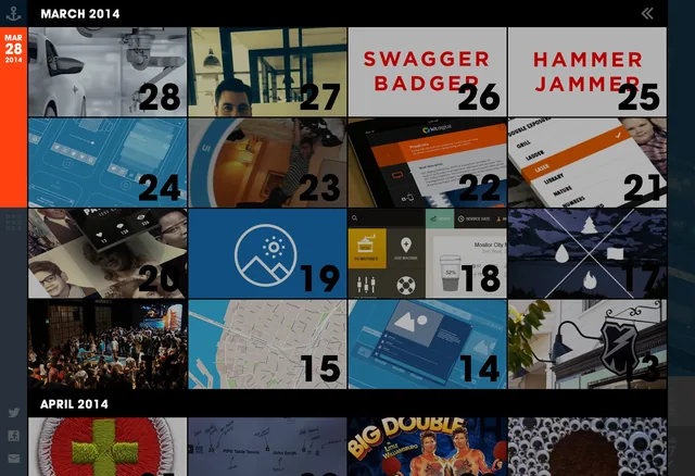 The archive page: MARCH 2014 over a grid of picture tiles, each marked with its day from 28 down to 13 in heavy black numbers, two of them only words in spaced red capitals, SWAGGER BADGER and HAMMER JAMMER, with APRIL 2014 starting below