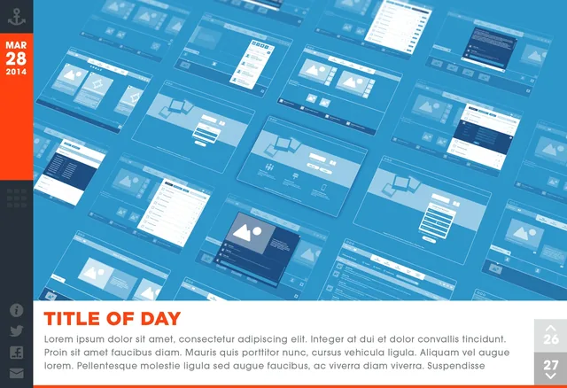 A later day’s page, its picture a blue collage of website wireframes seen at an angle, above TITLE OF DAY in orange and buttons for March 26 and 27, with an info button added to the rail