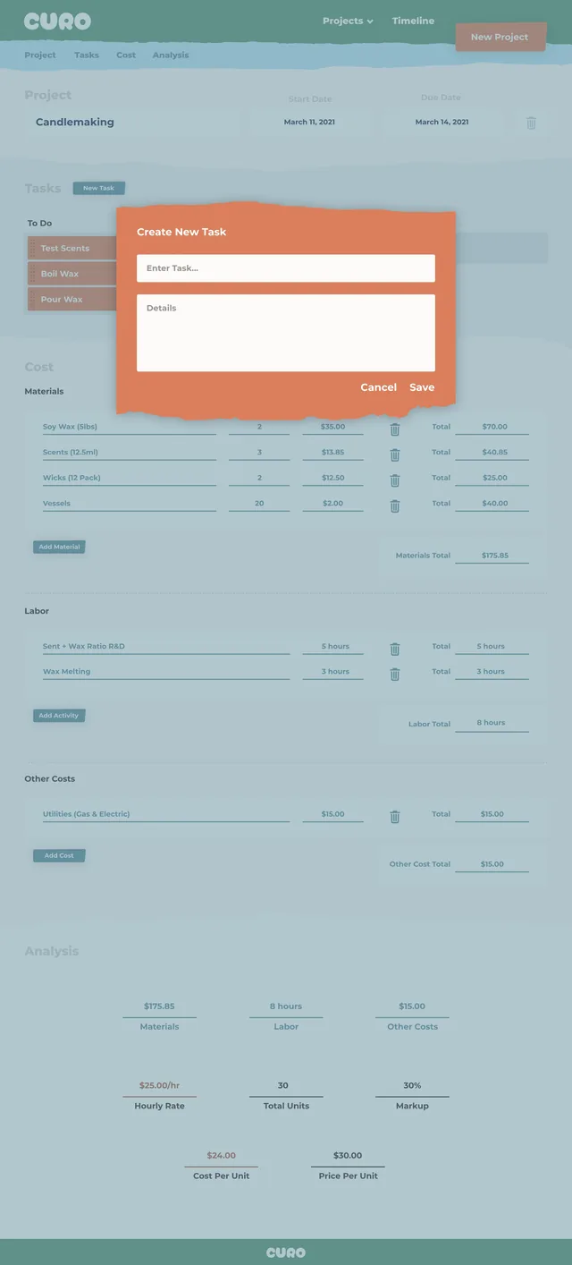 The Create New Task dialog, a terracotta card with torn edges and fields for the task and its details, over the dimmed project page