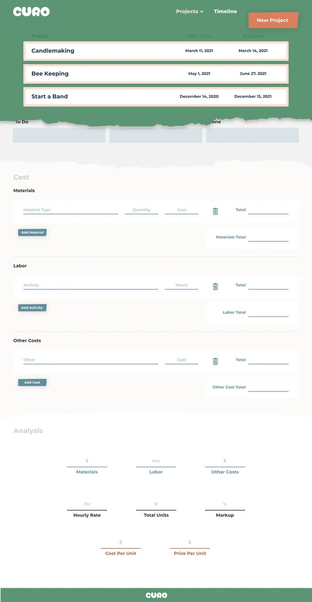 The Projects menu open over a new, empty project: Candlemaking, Bee Keeping and Start a Band, each with its start and due dates