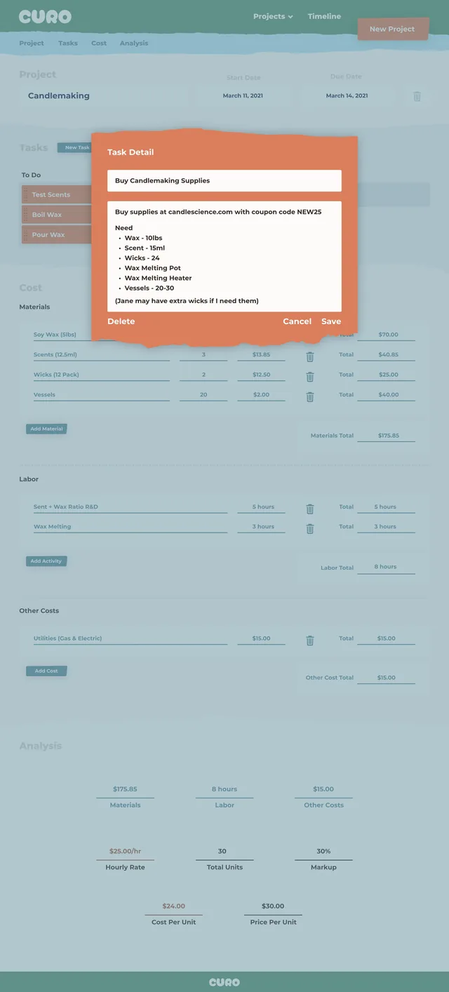 The Task Detail dialog for Buy Candlemaking Supplies, with a shopping list of wax, scent, wicks, a melting pot and heater, and vessels