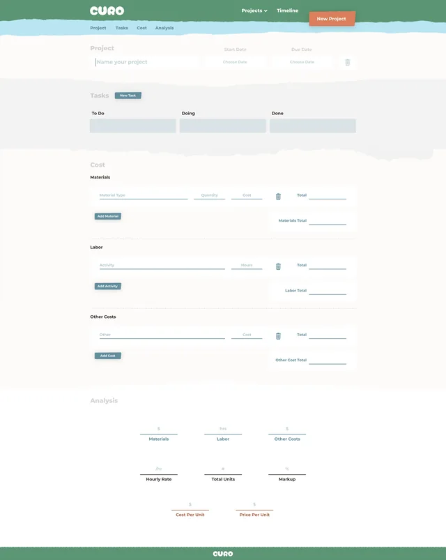 An empty project page laid out for a wider display, with fields for the project, tasks, costs and analysis