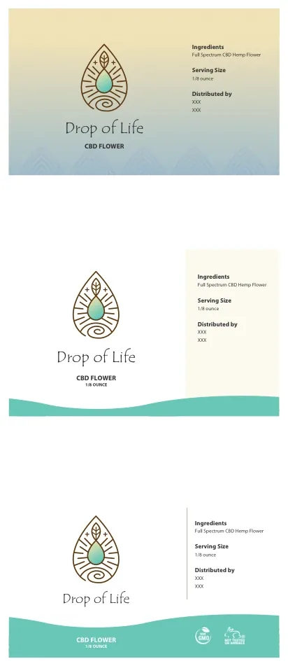 Three label designs for CBD flower, one above another: the logo and CBD Flower on a cream-to-blue gradient; the logo on white beside a cream panel of ingredients, over a teal wave; and the logo on white above a teal wave band reading CBD Flower, 1/8 ounce, with non-GMO and not-tested-on-animals badges