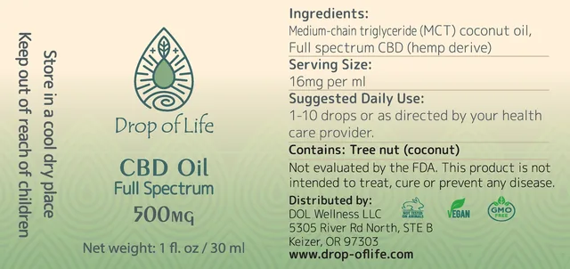 The Drop of Life label for CBD Oil, Full Spectrum, 500 mg: the drop-shaped logo, a net weight of 1 fl. oz / 30 ml, and ingredients, serving size, daily use and warnings, on a cream-to-sage gradient patterned with drops