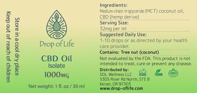 The label for CBD Oil, Isolate, 1000 mg, on a cream-to-bright-green gradient