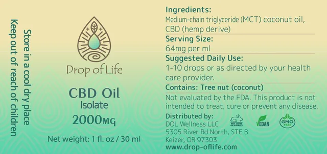 The label for CBD Oil, Isolate, 2000 mg, on a cream-to-teal gradient, with a gold logo and teal type