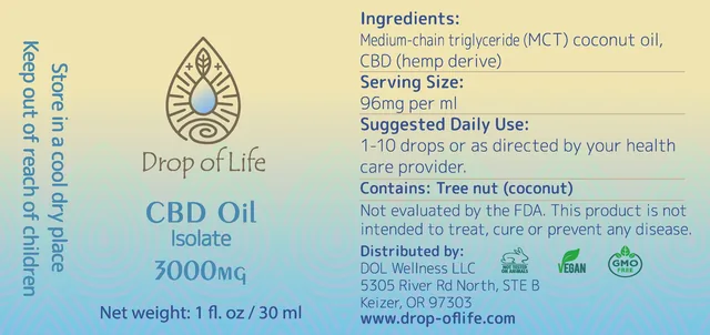 The label for CBD Oil, Isolate, 3000 mg, on a cream-to-sky-blue gradient, with a gold logo and blue type