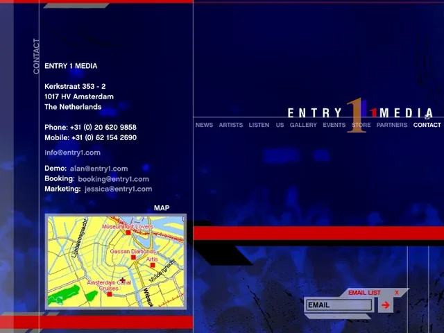 Contact: Entry 1 Media, Kerkstraat 353-2, 1017 HV Amsterdam, The Netherlands, with phone and mobile numbers, email addresses for info, demos, booking and marketing, and a map of the canals around the office