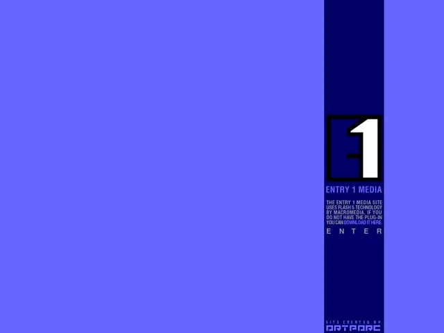 The entry page: a narrow dark blue column on bright blue holding the E1 logo, ENTRY 1 MEDIA, a note that the site uses Flash 5 with a link to download it, ENTER, and Site created by ARTPaRC at the foot